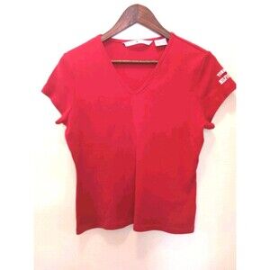 Vintage Tommy Hilfiger Red V-Neck T-Shirt Women’s XL Sleeve Logo 100% Cotton